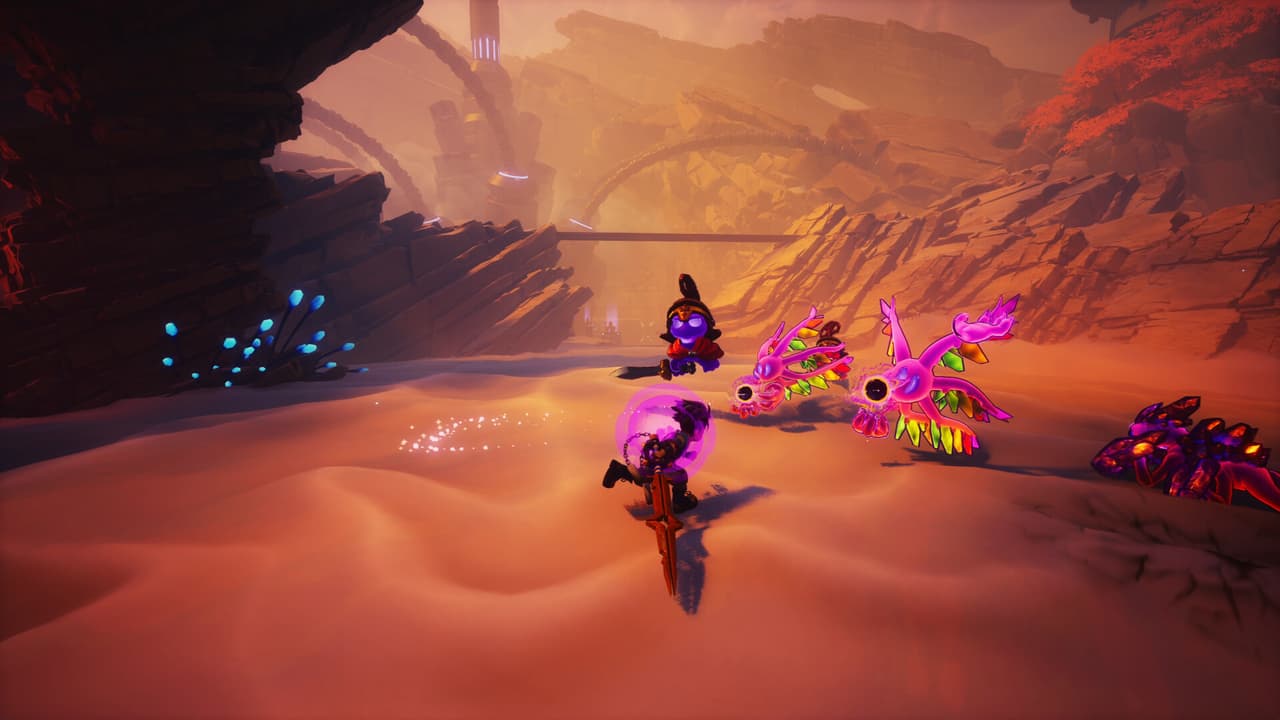 Zirian among purple enemies in an orange canyon in Duskfade