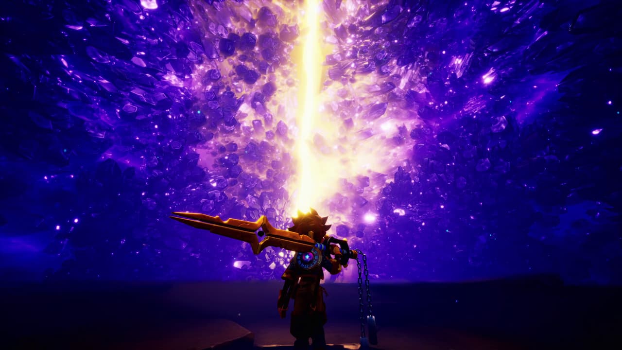 Zirian raising Minutero beneath a bright column of light in Duskfade
