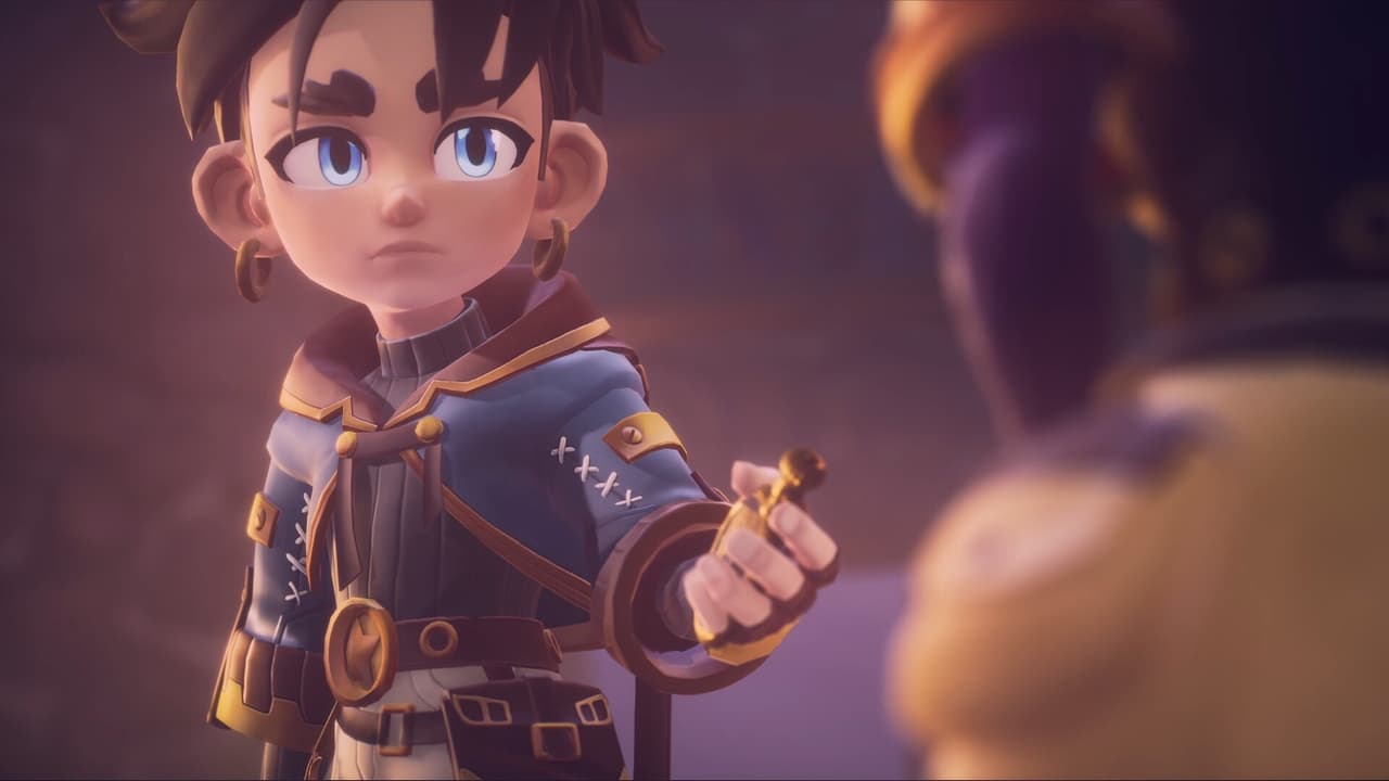 Zirian holding a small object while facing his companion in Duskfade