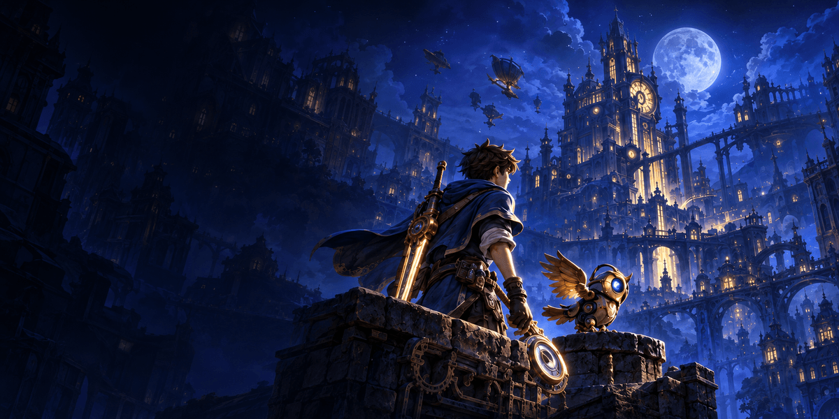 Illustrated moonlit clockwork city
